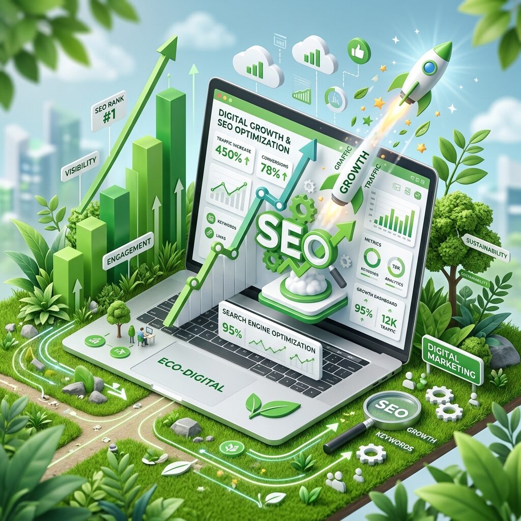 3D illustration of digital growth and SEO optimization with green lawn grass aesthetic