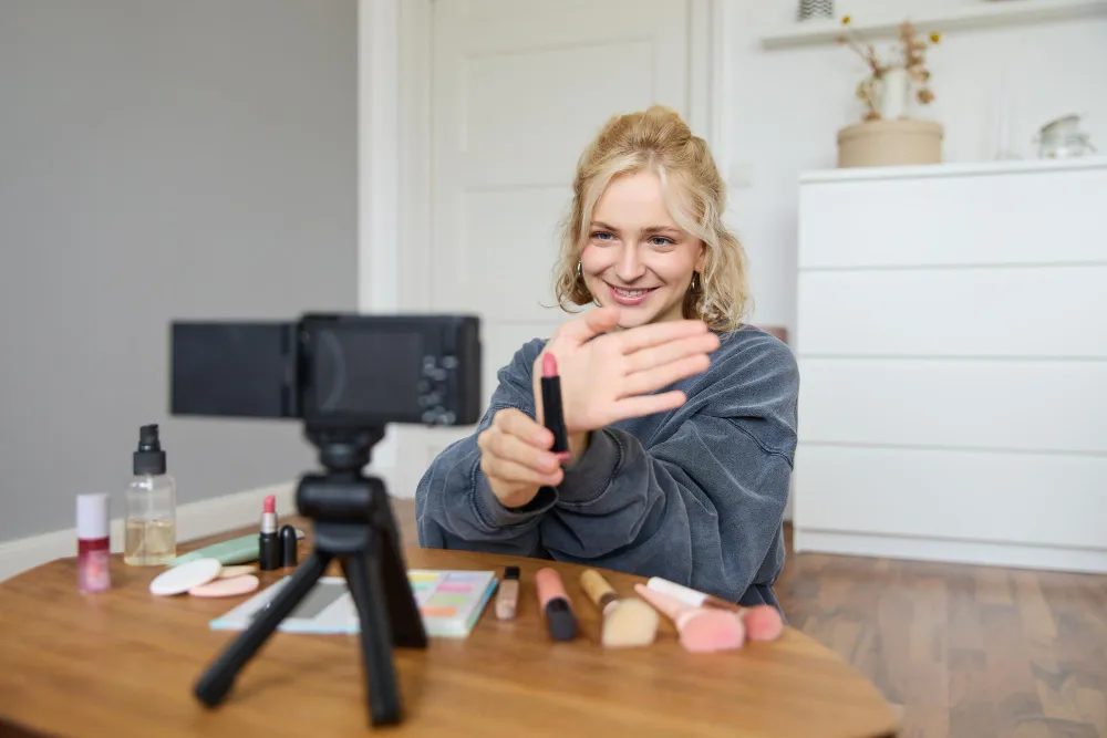 influencerka prezentująca kosmetyki przed kamerą siedząc w pokoju