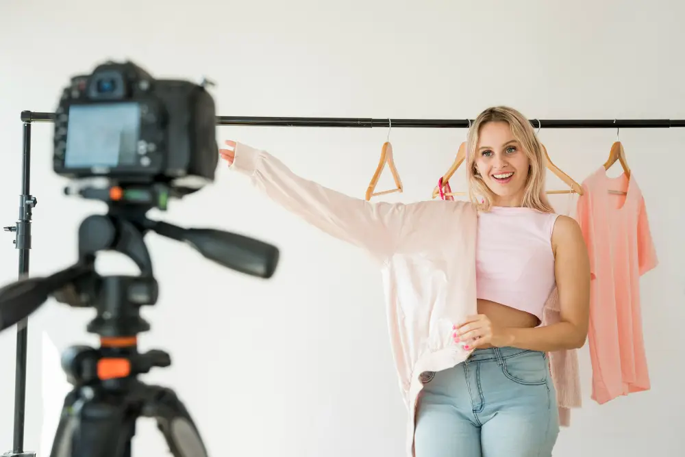 influencerka lifestyle pokazująca koszulę przed kamerą